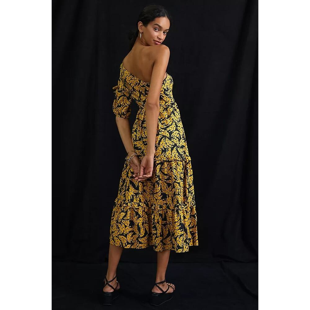 Farm Rio Spotted Bananas One Shoulder Midi Dress Size Small